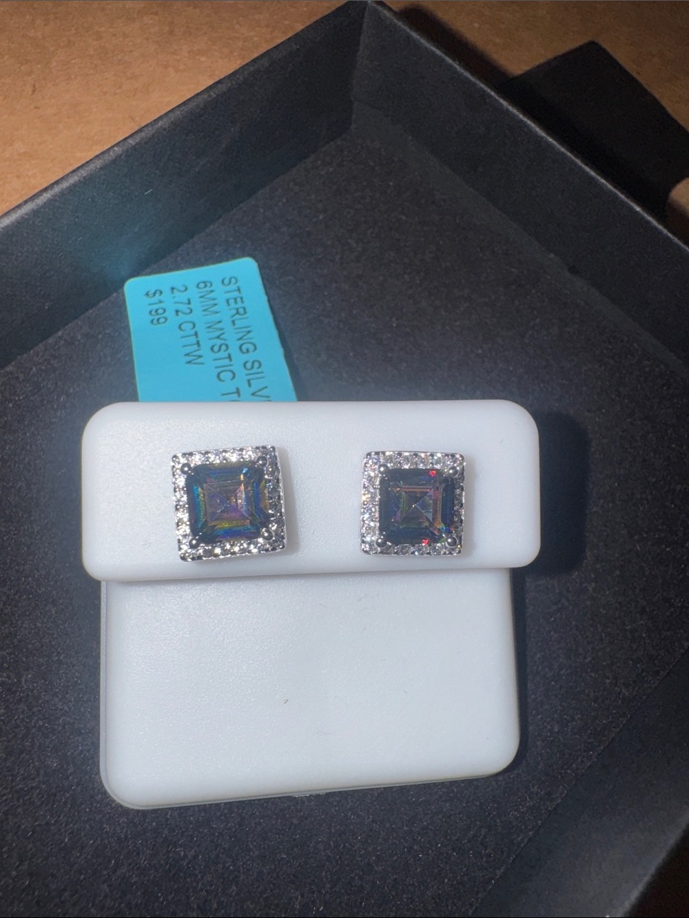 Sterling Silver Square Mystic Topaz Stud w/Moissanite Earrings - Multi Color